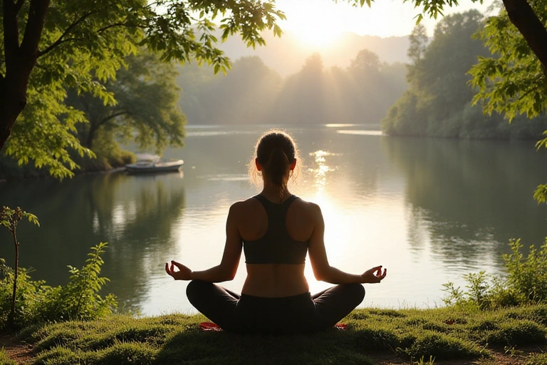 Person meditating in a serene natural setting, embodying holistic wellness