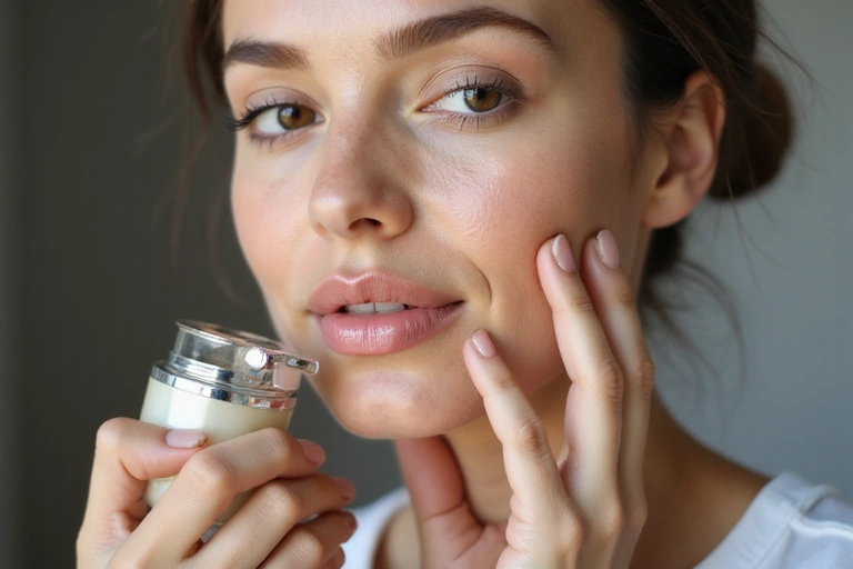 A woman applying a luxurious cosmetic product to her face, with soft, elegant lighting and natural skin tones. Focus on beauty and care.